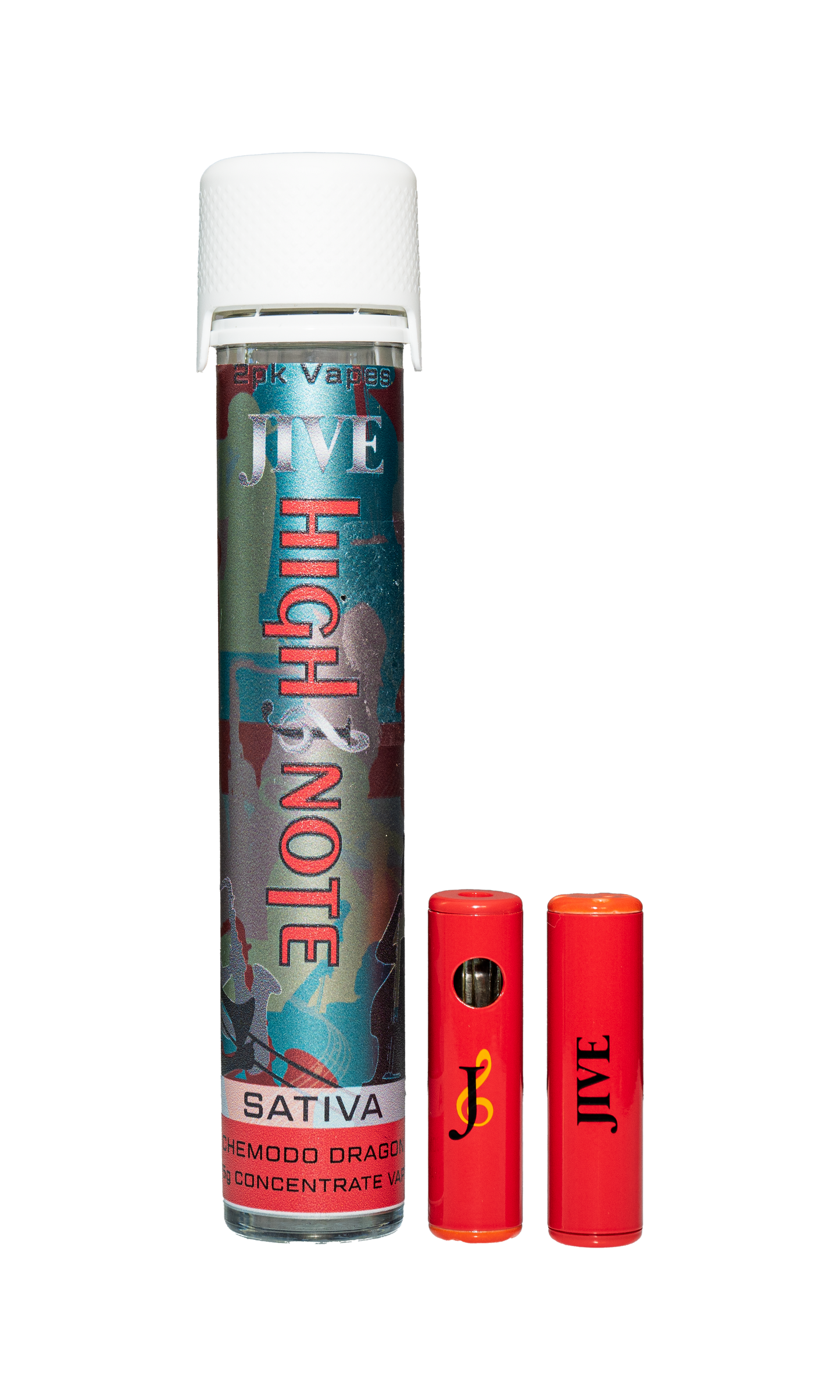 Image of the JIVE High Note Sativa 2 pack. two small red vapes outside of a multicolor tube.