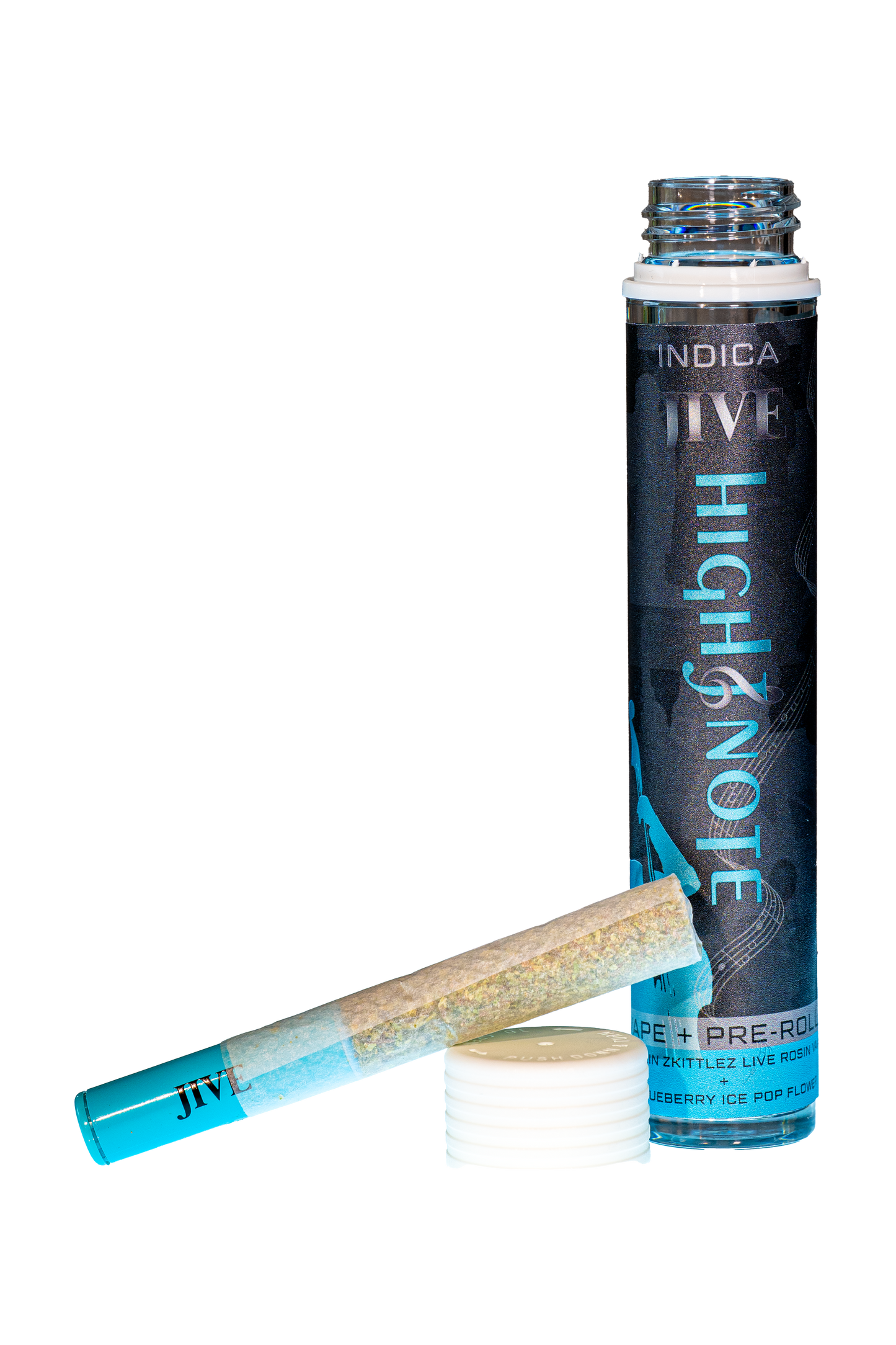 Image of the JIVE High Note Indica Vape and Pre-Roll combo. Blue vape with a blue and black tube.