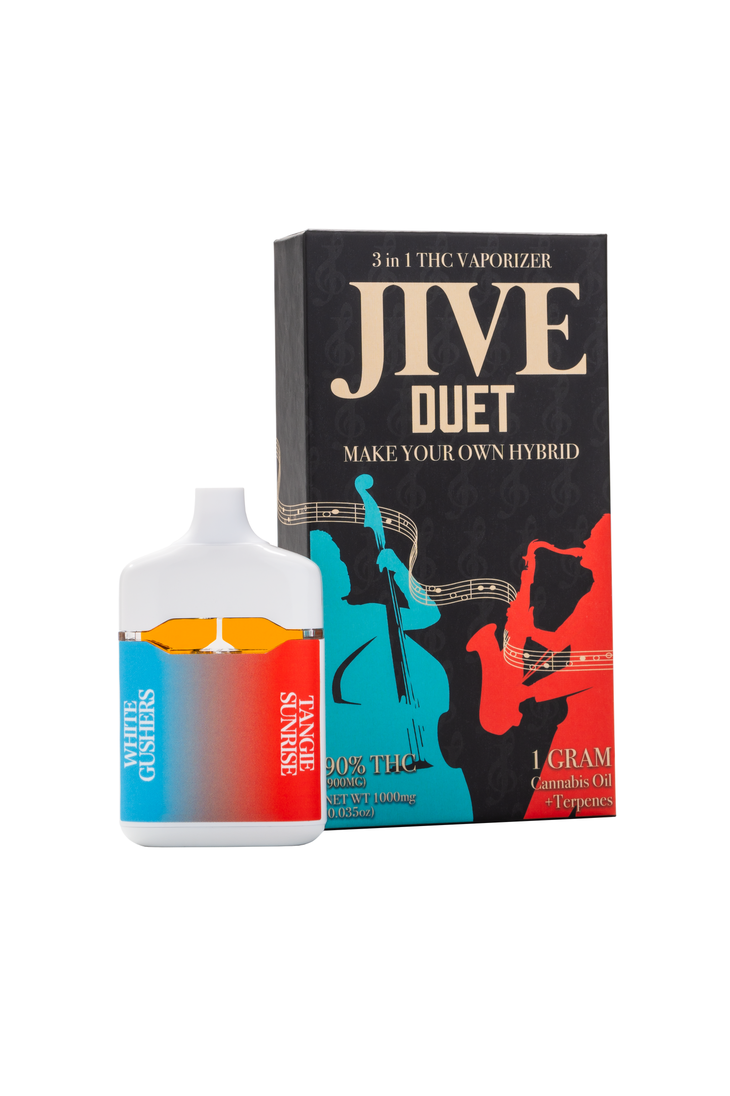 JIVE Duet Box and Vape device. black, blue, and red coloring.
