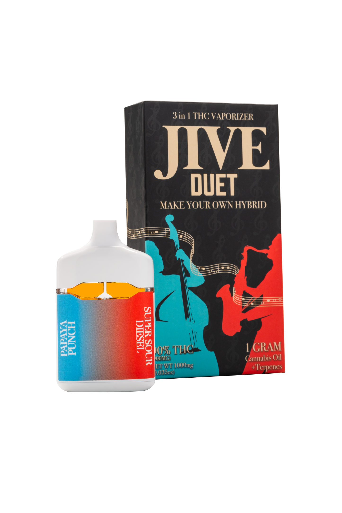 JIVE Duet vape device and box. Black, Red, and Blue coloring.