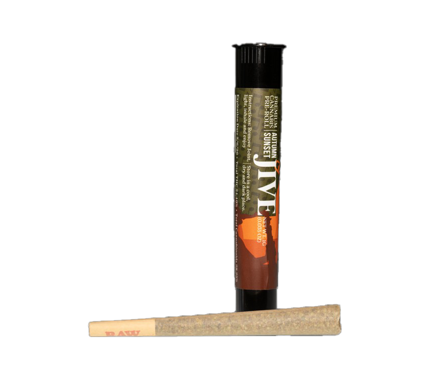 Image of the autumn sunset preroll and its tube. Black tube with brown and orange label.