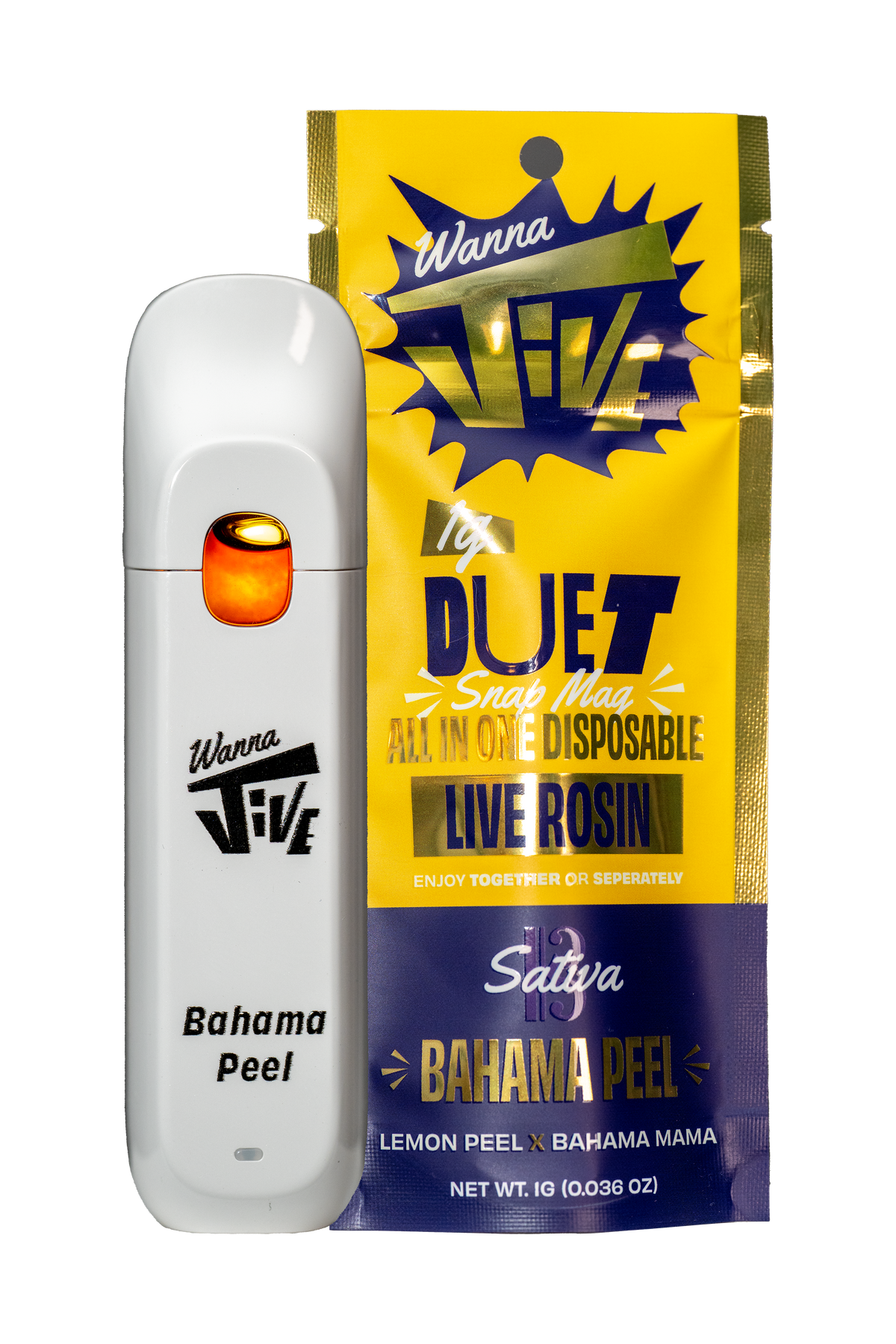 Bahama Peel 1g Disposable Vape and Bag. White device. Yellow and gold bag. 