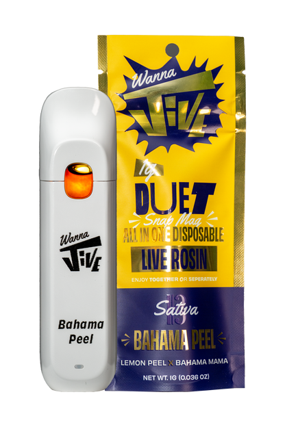 Bahama Peel 1g Disposable Vape and Bag. White device. Yellow and gold bag. 