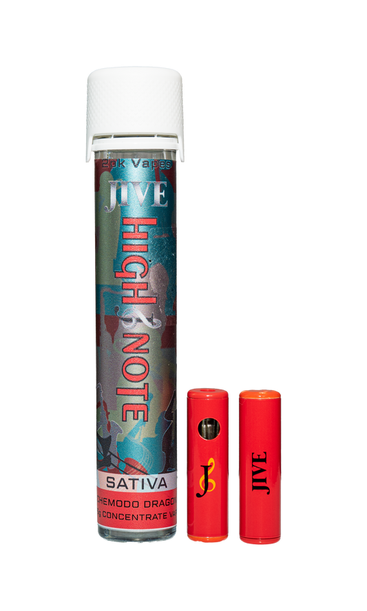Image of the JIVE High Note Sativa 2 pack. two small red vapes outside of a multicolor tube. 