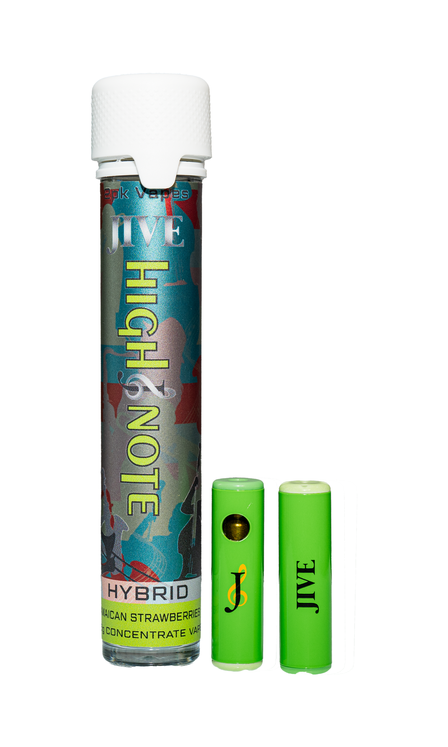Image of the JIVE High Note Hybrid vape 2 pack. two small green vapes sit outside their multicolor tube. 