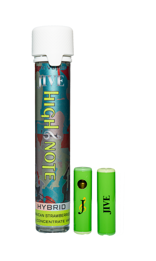 Image of the JIVE High Note Hybrid vape 2 pack. two small green vapes sit outside their multicolor tube. 