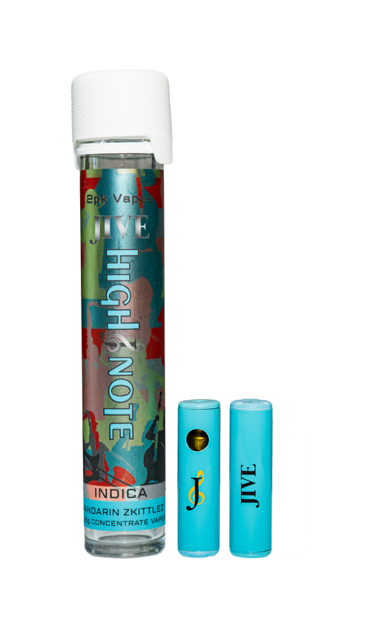 Image of the JIVE High Note Indica 2 pack. two small blue vapes outside their multicolor tube. 