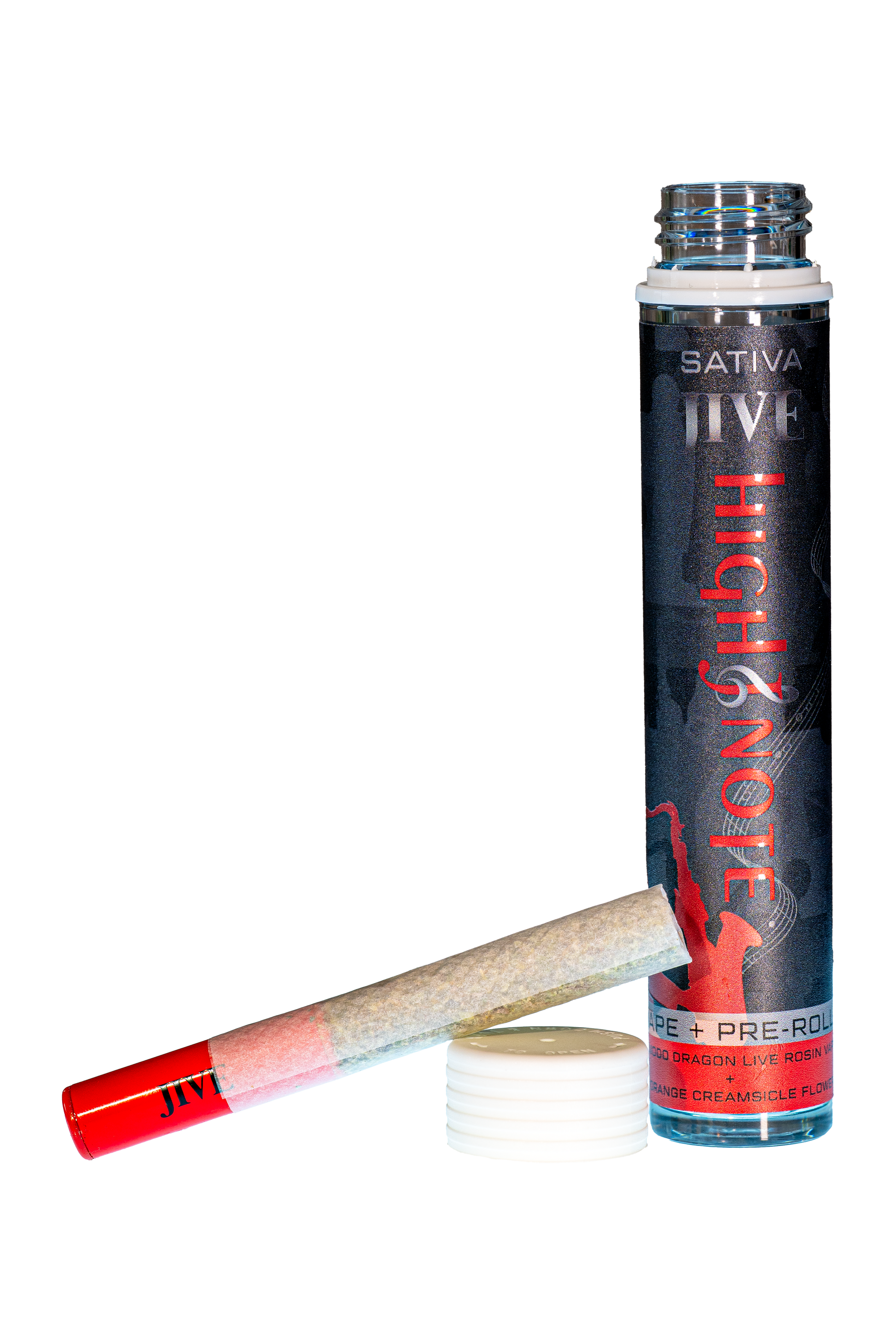 a JIVE High Note Sativa Vape Tip and Pre-roll combo and its packaging. Red vape tip, red and black tube. 
