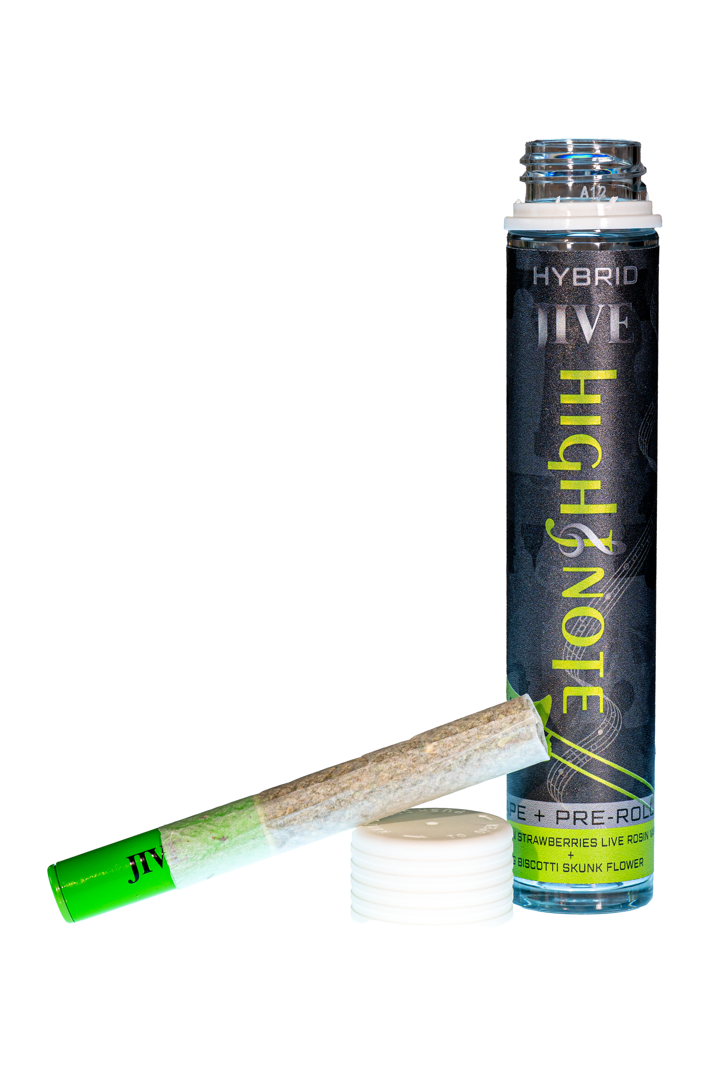 A pre-roll joint with a proprietary disposable vape tip, labeled with the brand High Note and the product name Jamaican Strawberries X Biscotti Skunk.