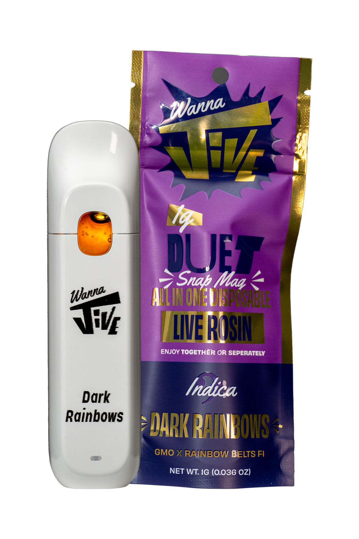 Dark Rainbows 1g Disposable Vape and bag. White vape device. Purple and Gold bag. 
