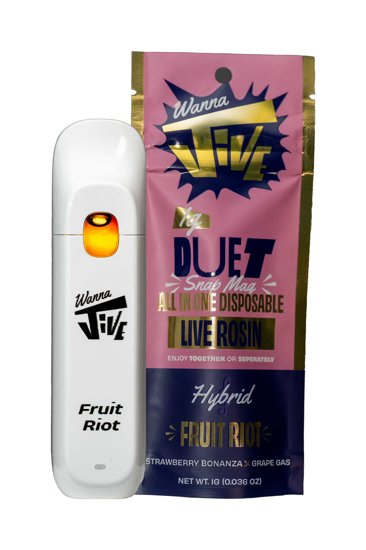 Fruit Riot 1g disposable vape and bag. White vape unit and pink and gold bag. 