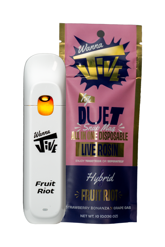 Fruit Riot 1g disposable vape and bag. White vape unit and pink and gold bag. 