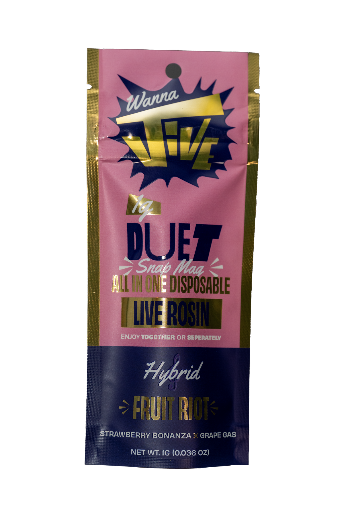 Fruit Riot 1g Vape device bag. Pink and gold bag. 