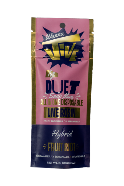 Fruit Riot 1g Vape device bag. Pink and gold bag. 