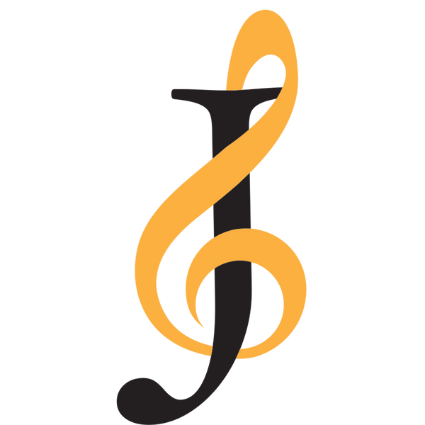 JIVE Brands Logo. A letter 'j' intermingled in a bass clef note. Black 'j' with gold bass clef.