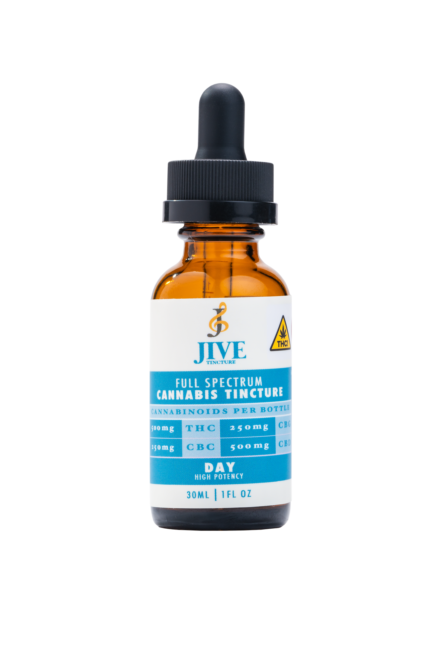 JIVE Daytime Tincture. amber bottle with white and blue labeling. 
