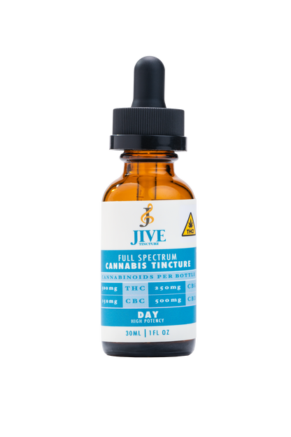 JIVE Daytime Tincture. amber bottle with white and blue labeling. 