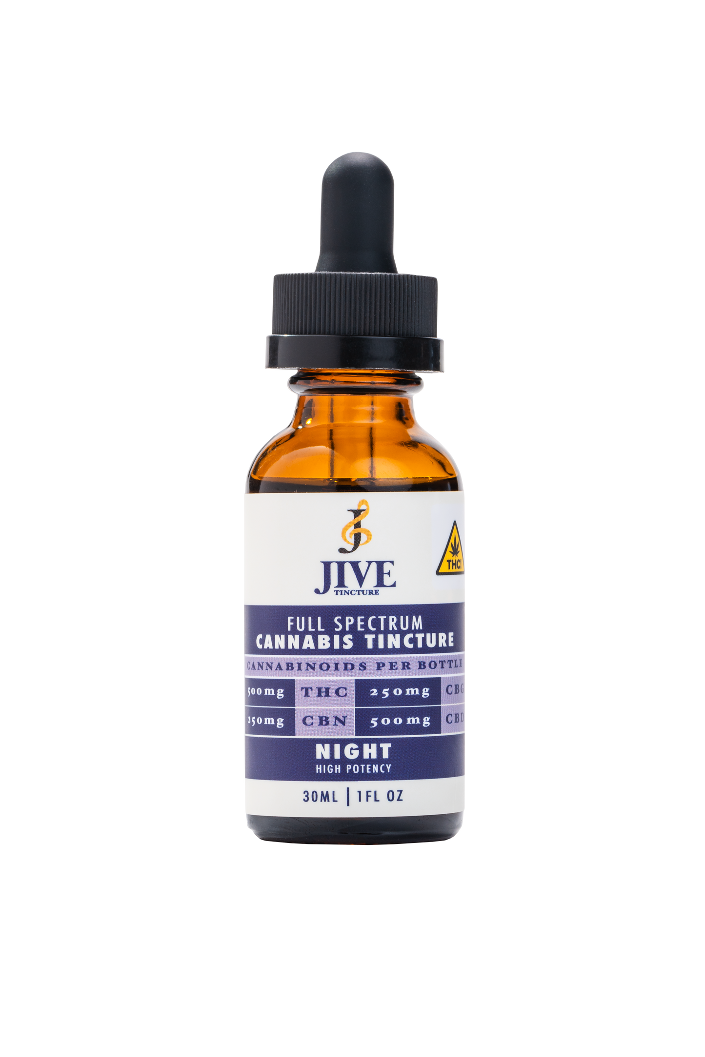 JIVE Nighttime tincture. Amber bottle with blue and white label. 