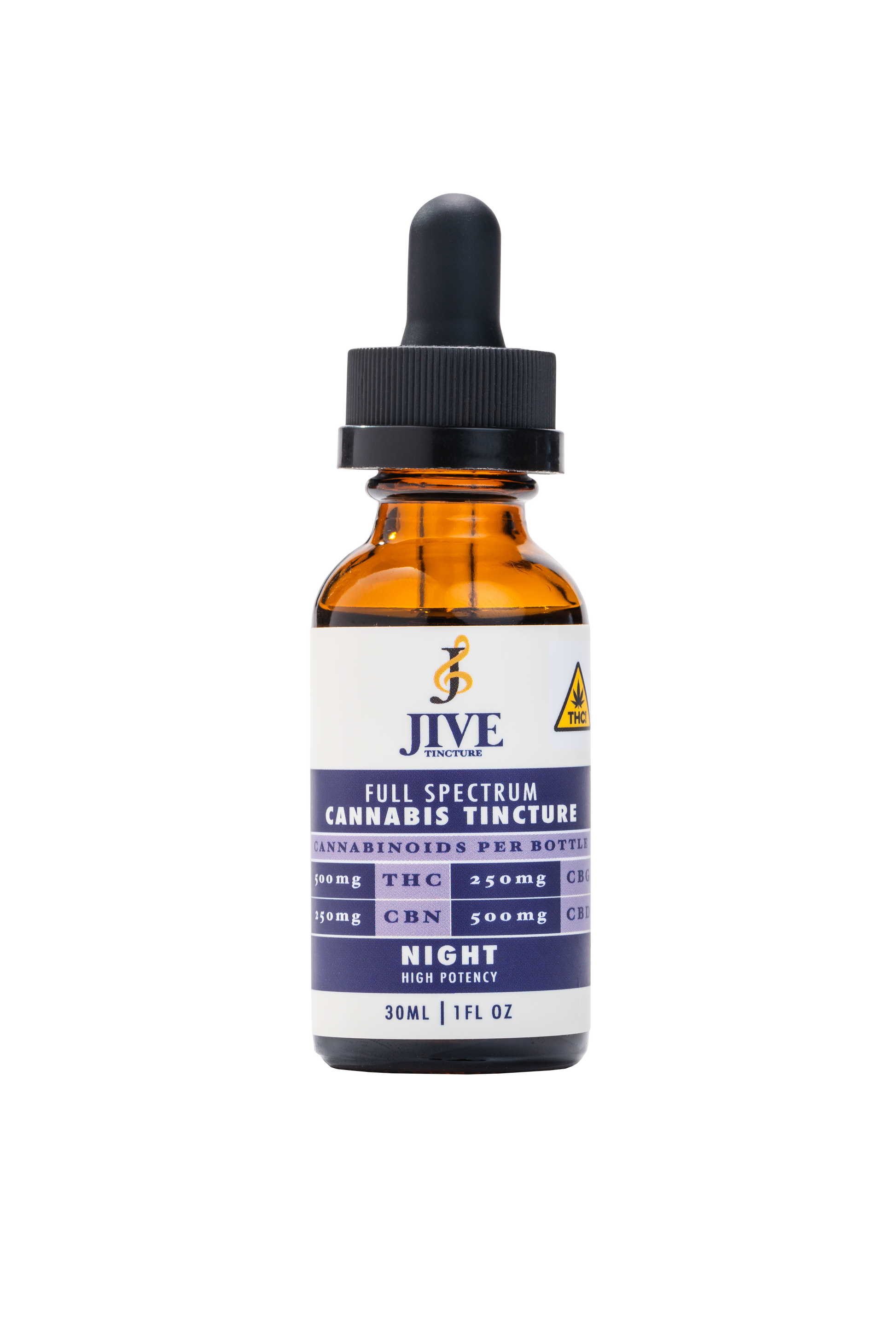 JIVE Nighttime tincture. Amber bottle with blue and white label. 