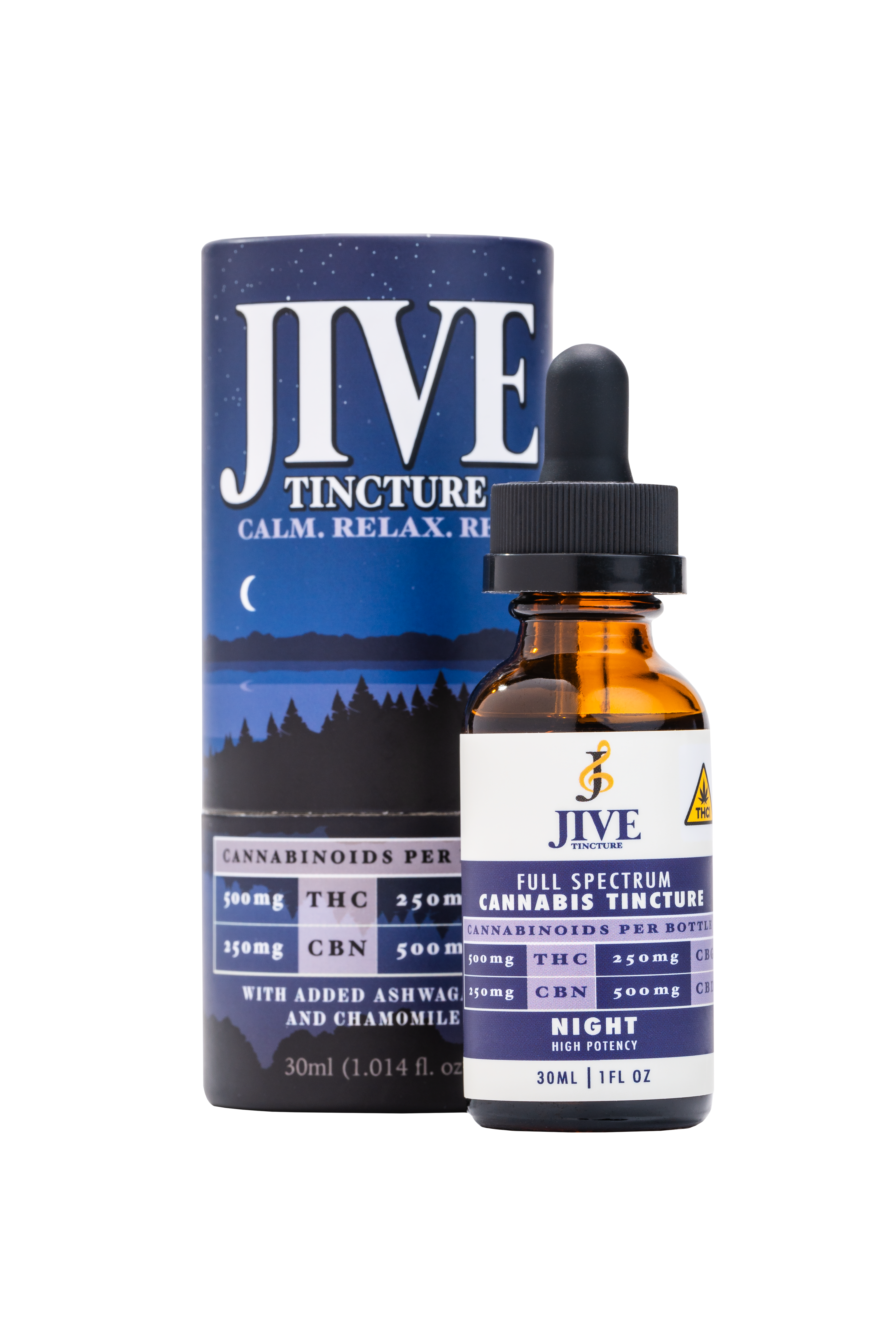 JIVE Nighttime Tincture bottle and cylinder package. White and blue coloring. 