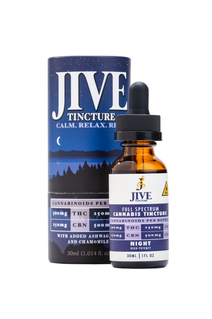 JIVE Nighttime Tincture bottle and cylinder package. White and blue coloring. 