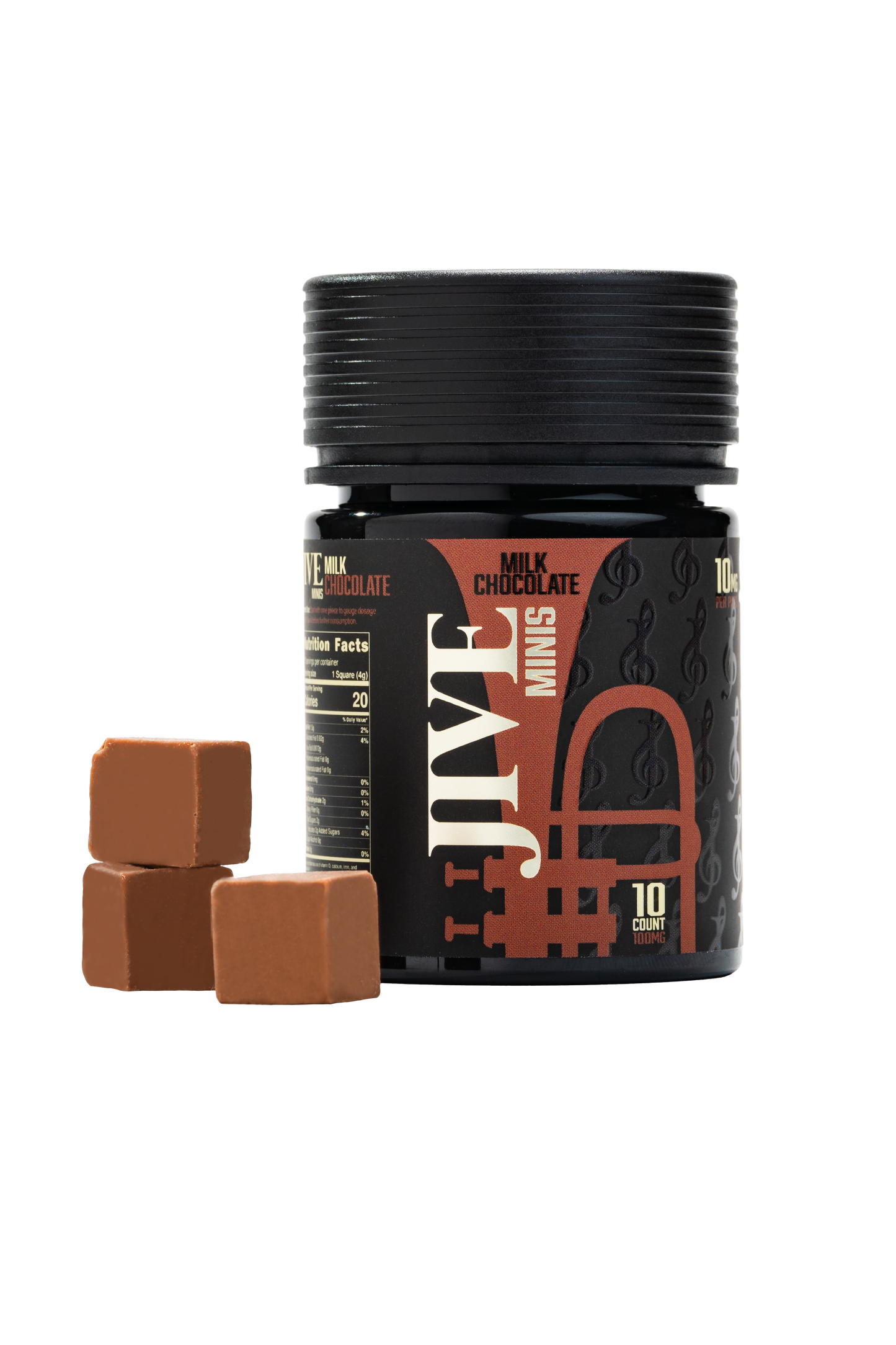 JIVE Milk Chocolate minis with chocolates outside the jar. Black jar with light brown coloring. 