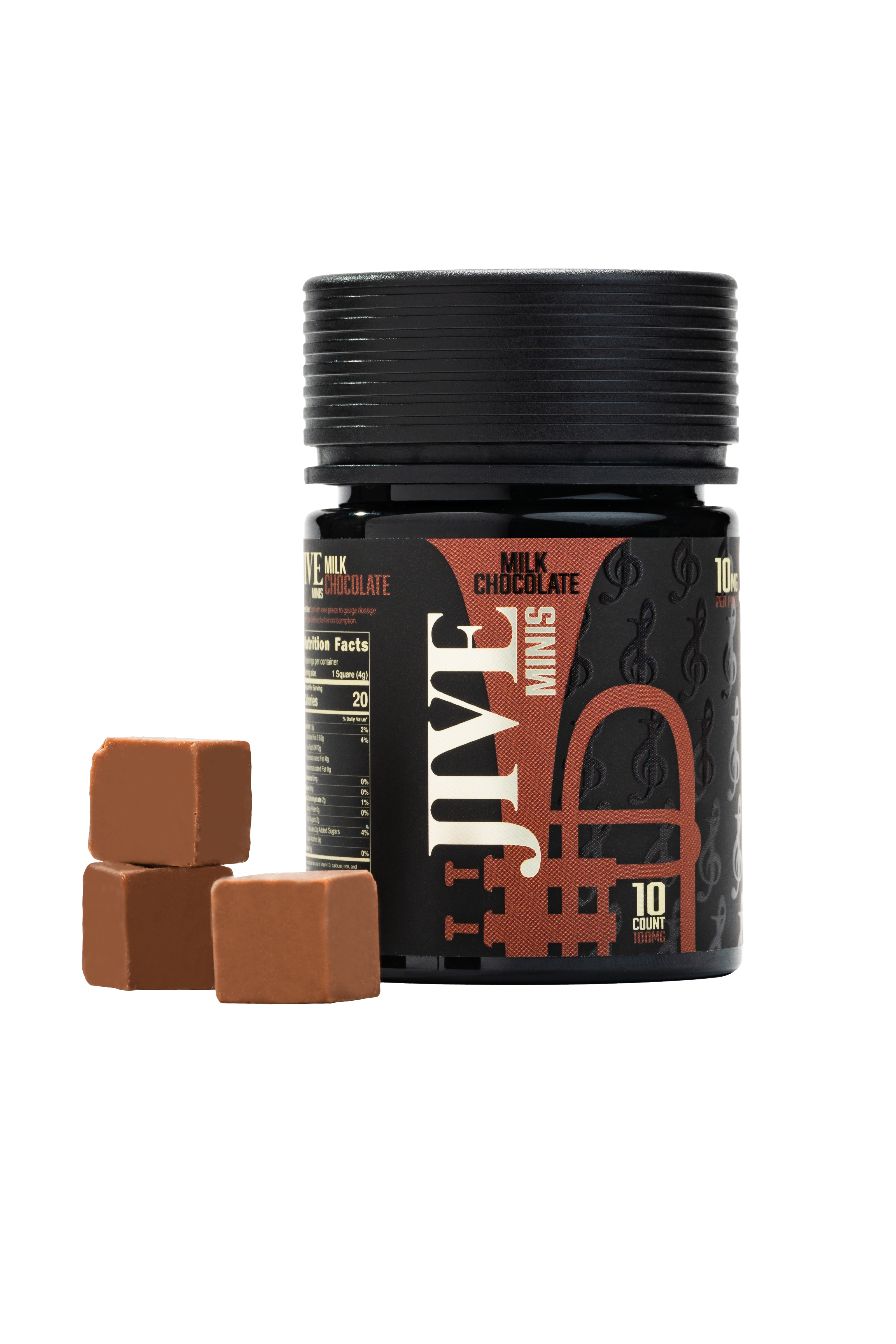 JIVE Milk Chocolate minis with chocolates outside the jar. Black jar with light brown coloring. 