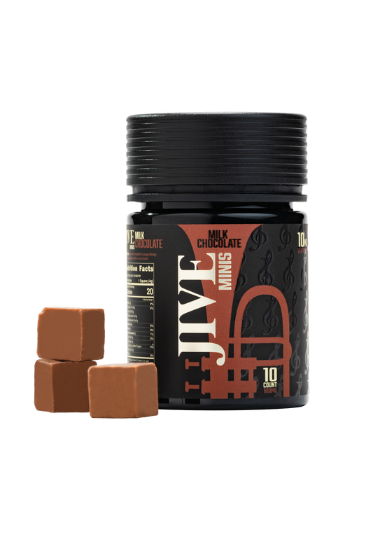 JIVE Milk Chocolate minis with chocolates outside the jar. Black jar with light brown coloring. 