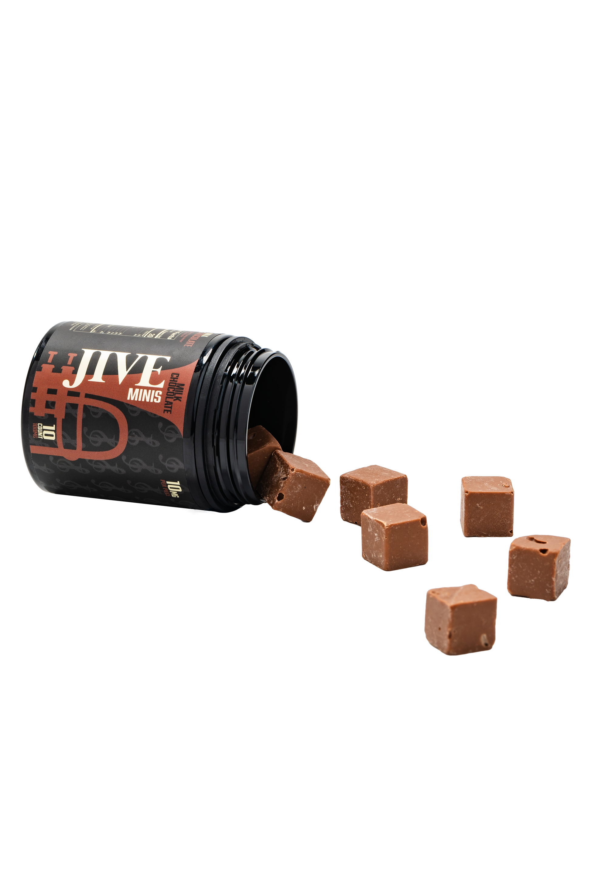 JIVE Dark Chocolate Minis coming out of the jar. Black jar with brown label. 