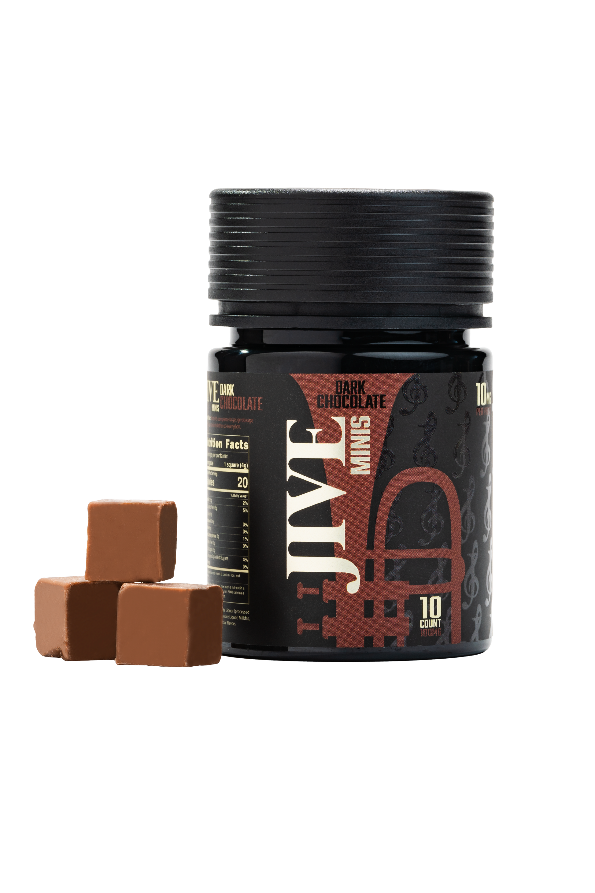 JIVE Dark Chocolate Minis with chocolates outside the jar. Black with dark brown labeling. 