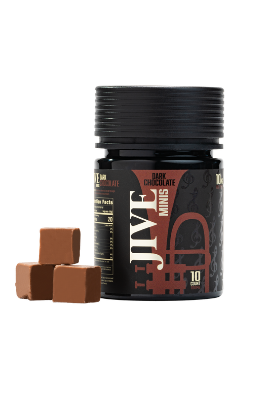 JIVE Dark Chocolate Minis with chocolates outside the jar. Black with dark brown labeling. 
