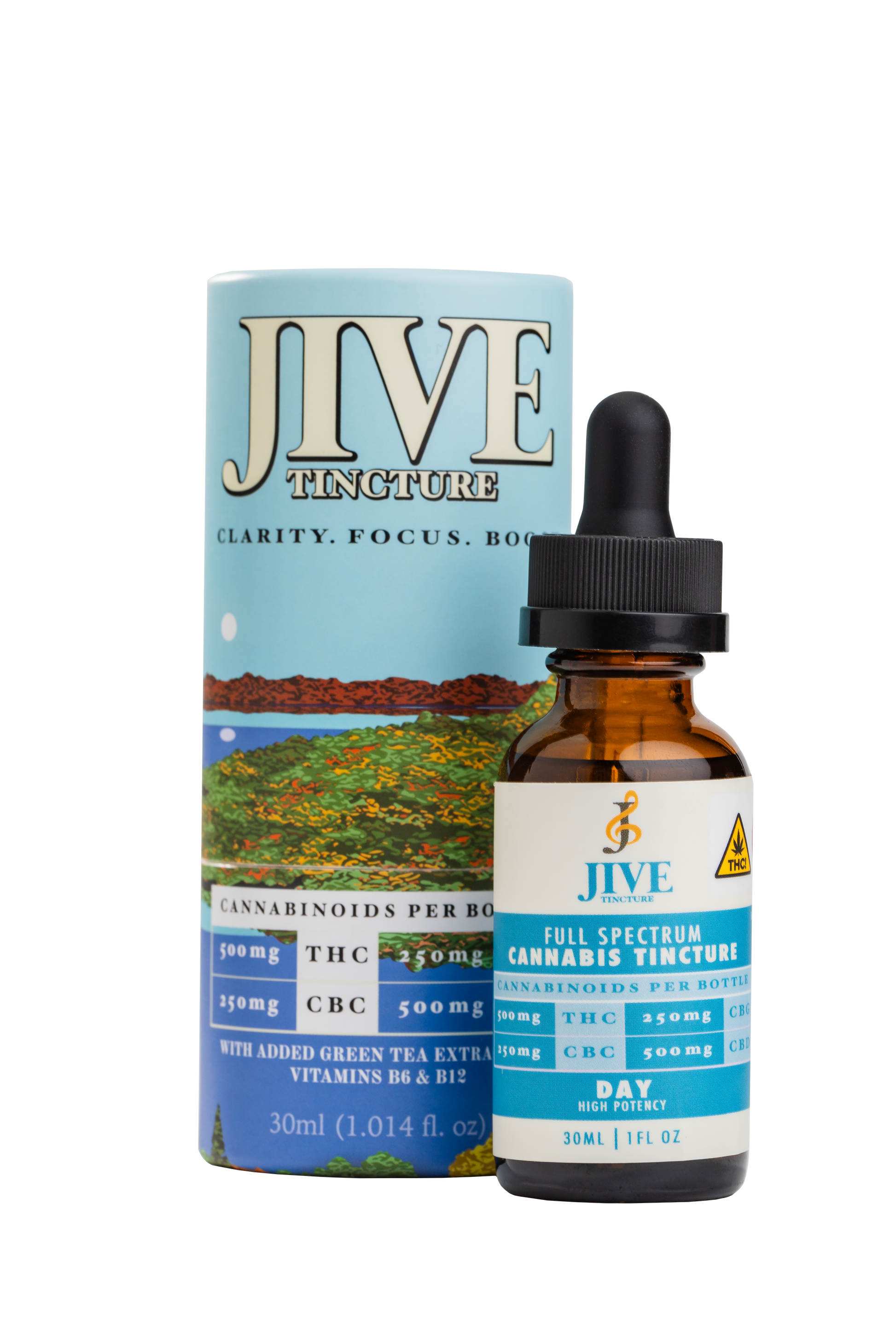 JIVE Daytime tincture. bottle and cylinder package. white and blue