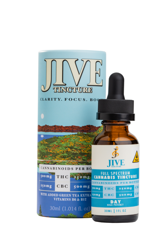 JIVE Daytime tincture. bottle and cylinder package. white and blue
