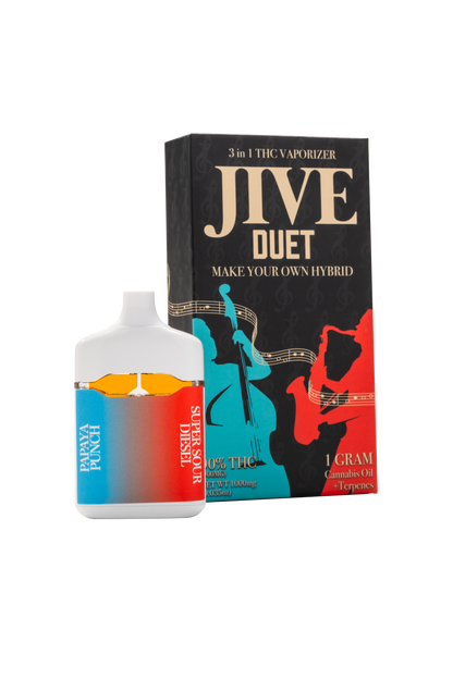 JIVE Duet vape device and box. Black, Red, and Blue coloring. 