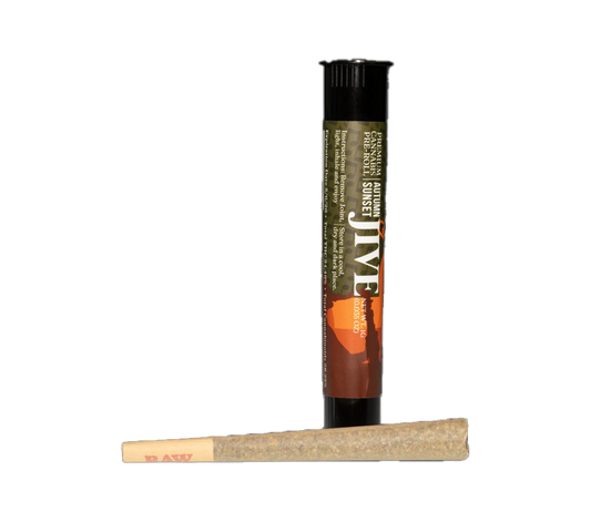 Image of the autumn sunset preroll and its tube. Black tube with brown and orange label.